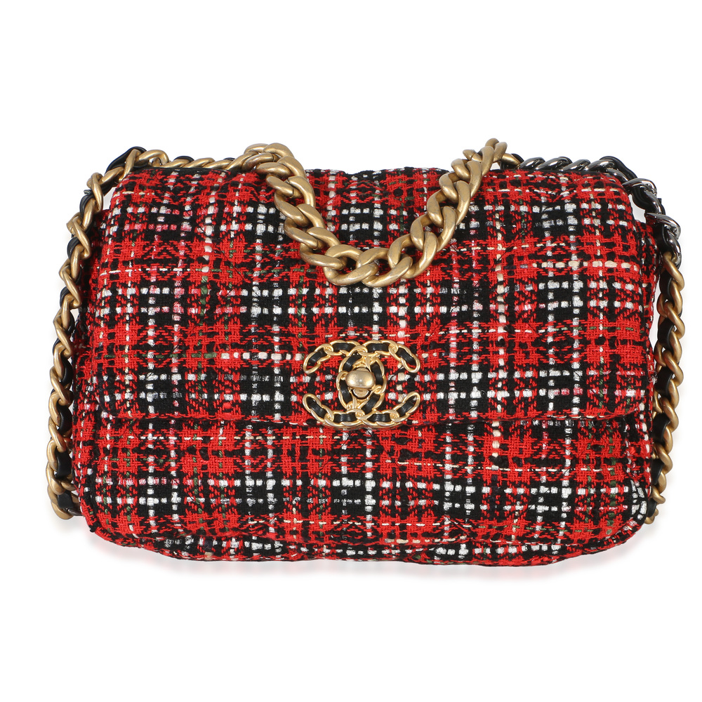 Chanel Red Black Multicolor Quilted Tweed Medium Chanel 19 Flap Bag